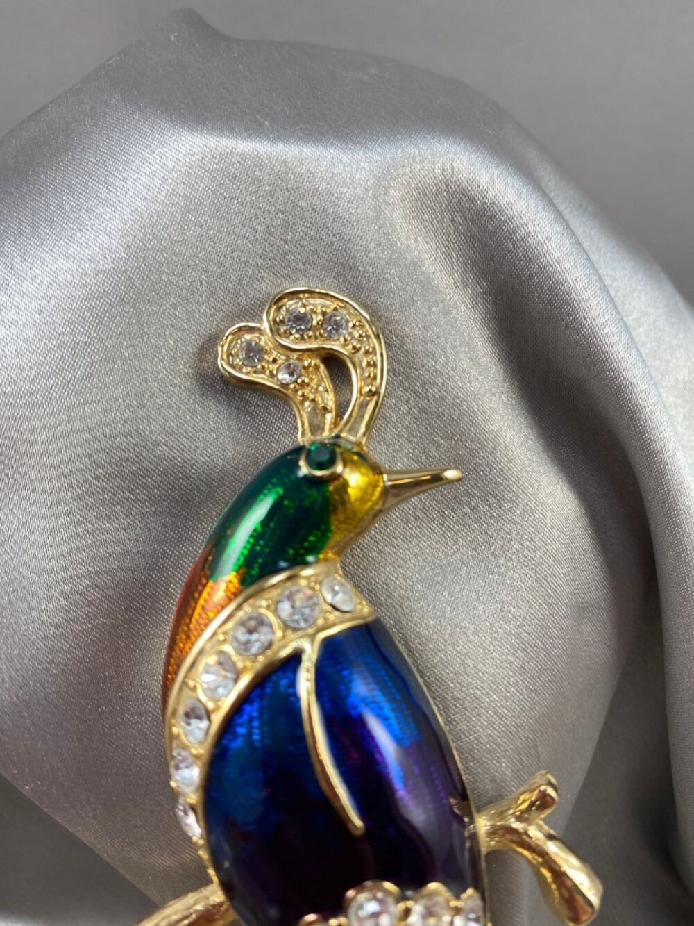 Vintage Bird of Paradise Brooch Large 5.5" Blue Green Enamel Rhinestone Gold Ton - Picture 3 of 7